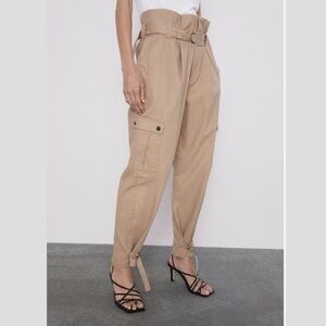 ZARA Khaki Paper Bag Belted Tapered High Rise Cargo Pant Women's Size XS